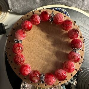 Chic Red Beaded Bracelet with Silver Accents